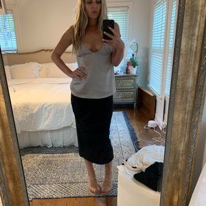 CAMISOLE BY ECRU STUDIOS .V NECK,SPAGHETTI STRAP.COLOR SILVER. SIZE  S.